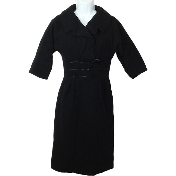 Vintage 50s Little Black Wiggle Dress Lady-M(8) Wool Cowl-Collar Zip-back Fitted - Picture 2 of 14